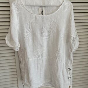 Lungo L'Arno Linen Blouse Short Sleeve Tropical Palm Embroidery Side Buttons